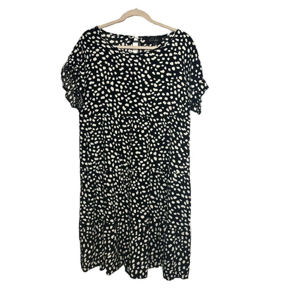 Cori-Lane‎ Polka Dot Midi Dress Womens XL Black White Short Sleeve Scoop Neck
